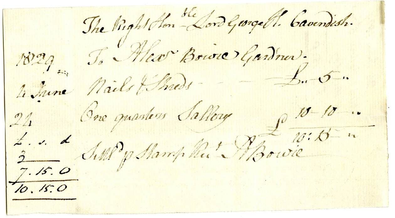 Devonshire MSS AS 3101, foglio da un fascio di conti saldati da Pinder Simpson per Lord George Cavendish, incluso il conto di Alexander Bowie da English School