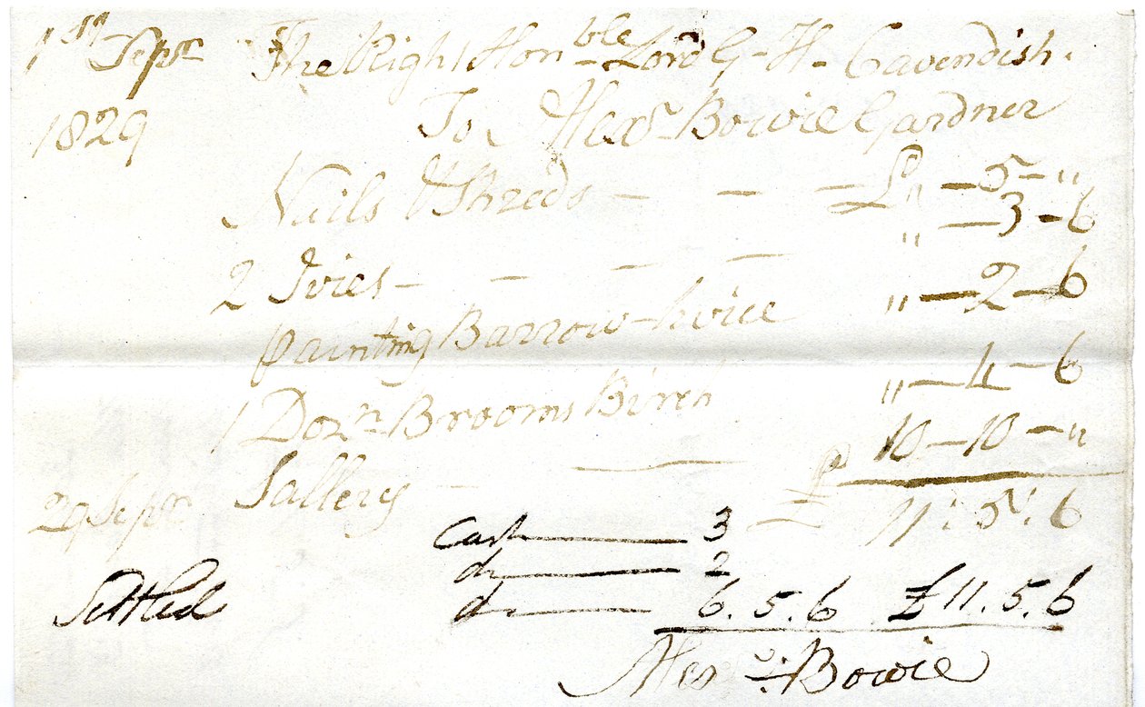 Devonshire MSS AS 3101, foglio da un fascio di conti saldati da Pinder Simpson per Lord George Cavendish, incluso il conto di Alexander Bowie da English School