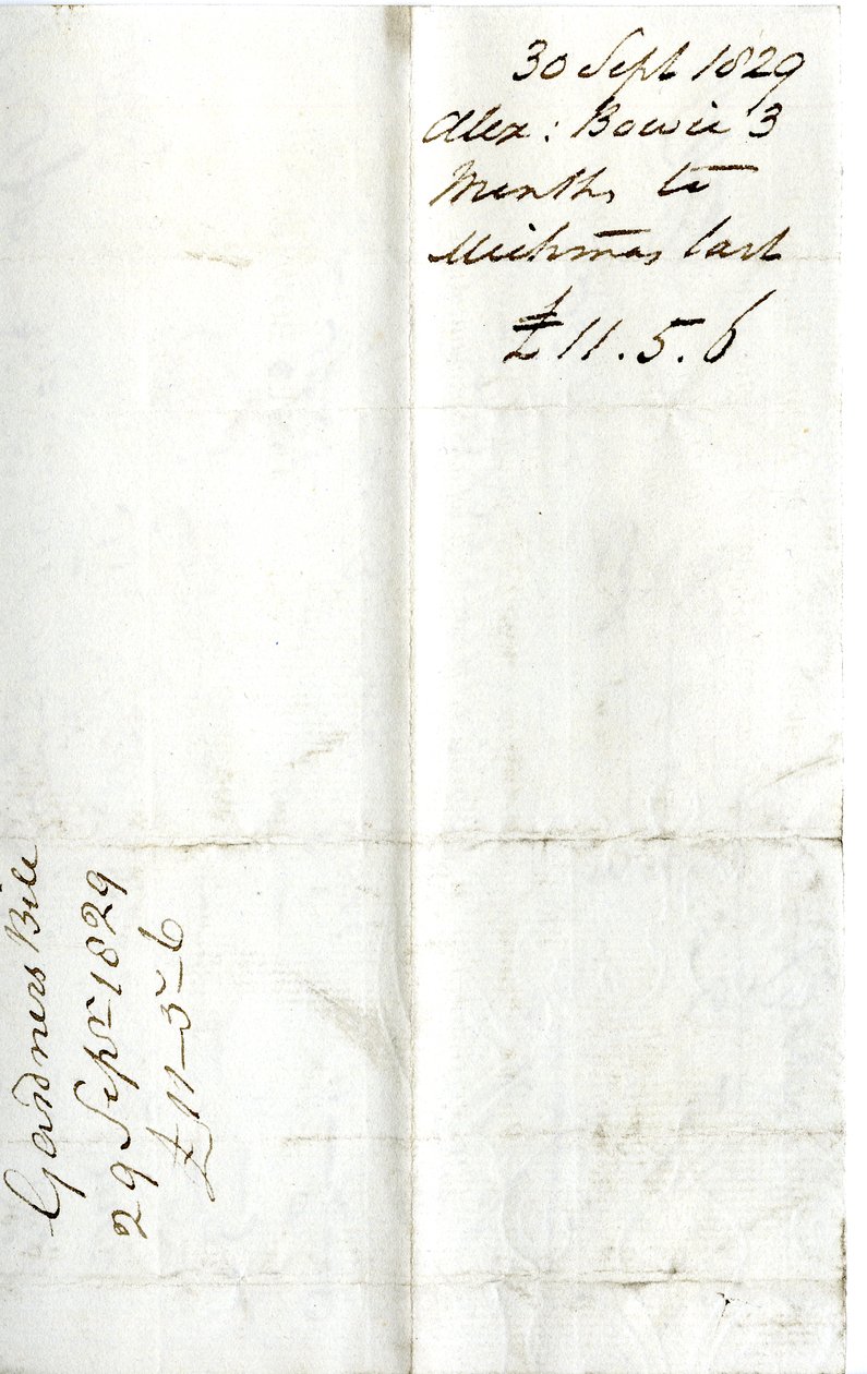 Devonshire MSS AS 3101, foglio da un fascio di conti saldati da Pinder Simpson per Lord George Cavendish, incluso il conto di Alexander Bowie da English School