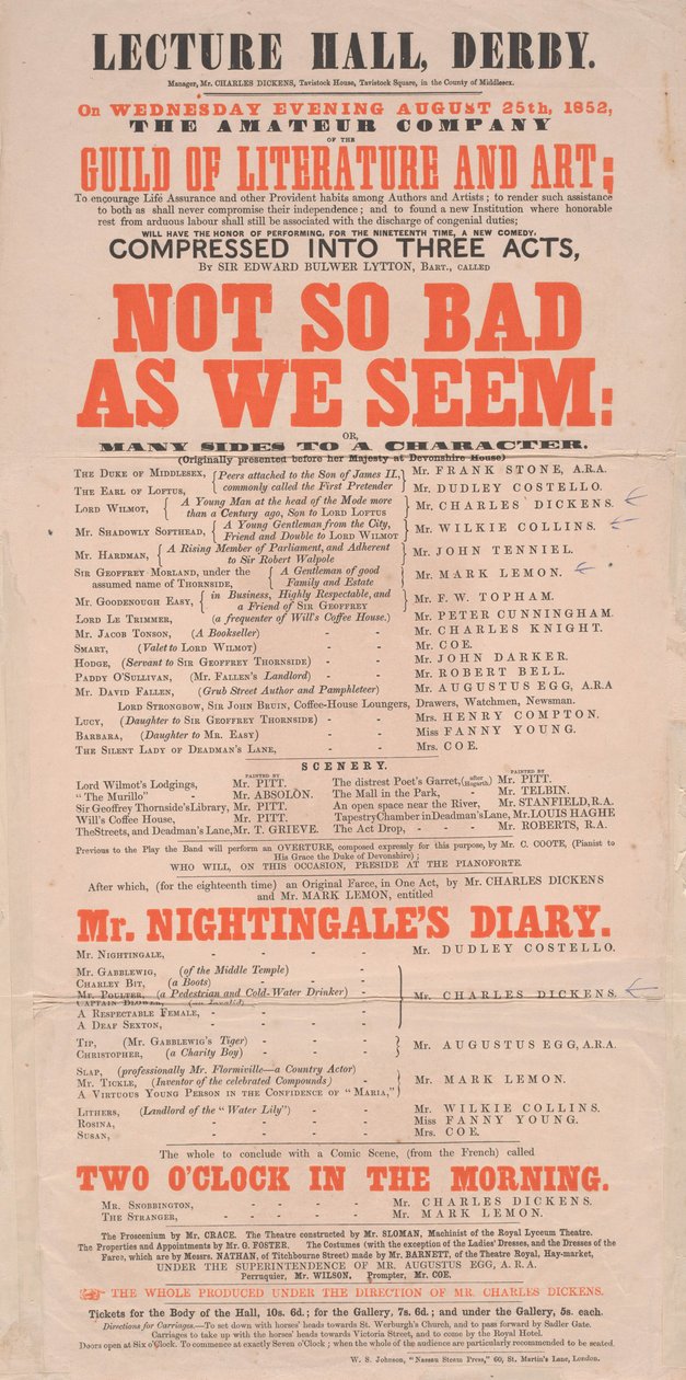 Manifesto di Dickens: Not So Bad As We Seem al Lecture Hall, Derby, programma per il 25 agosto 1852 da English School