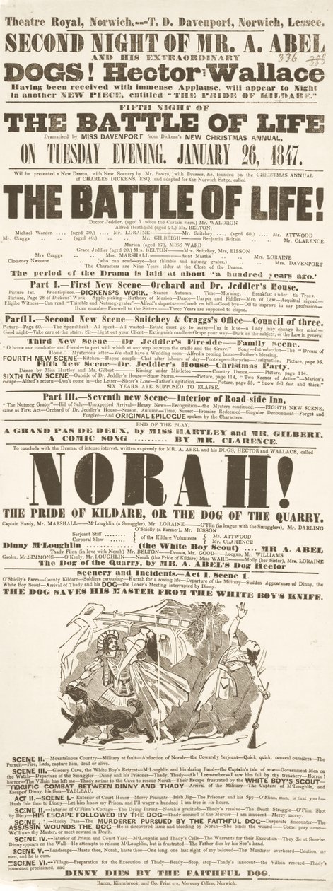 Manifesto di Dickens: The Battle of Life, al Theatre Royal, Norwich, 26 gennaio 1847 da English School