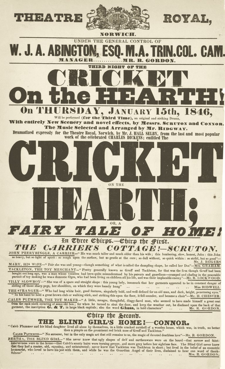 Manifesto di Dickens: The Cricket on the Hearth al Theatre Royal, Derby, 15 gennaio 1846 da English School