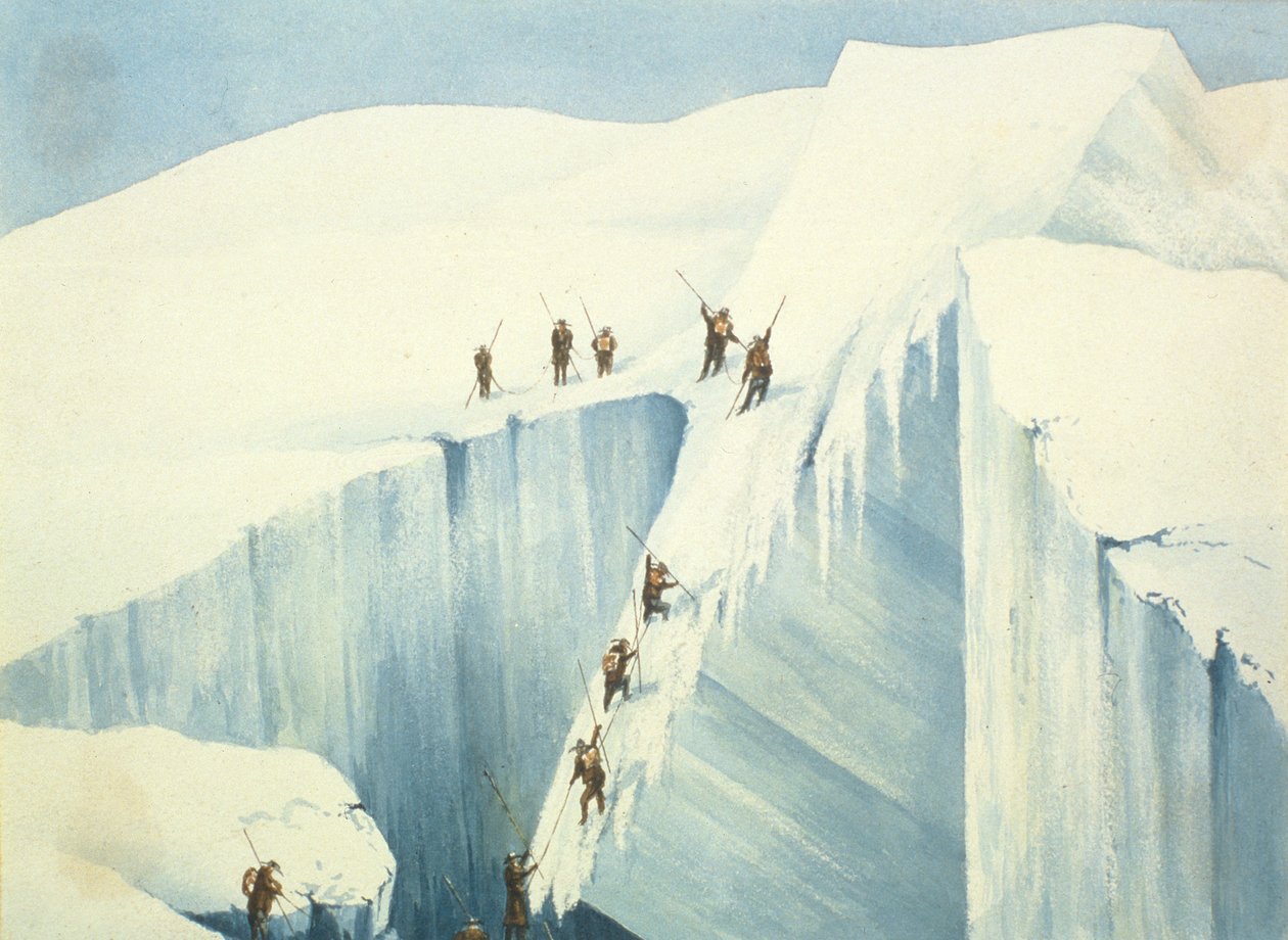 Passaggio difficile di una crepa, da A Narrative of an Ascent to the Summit of Mont Blanc di Charles Fellows, pubblicato nel 1827 da English School