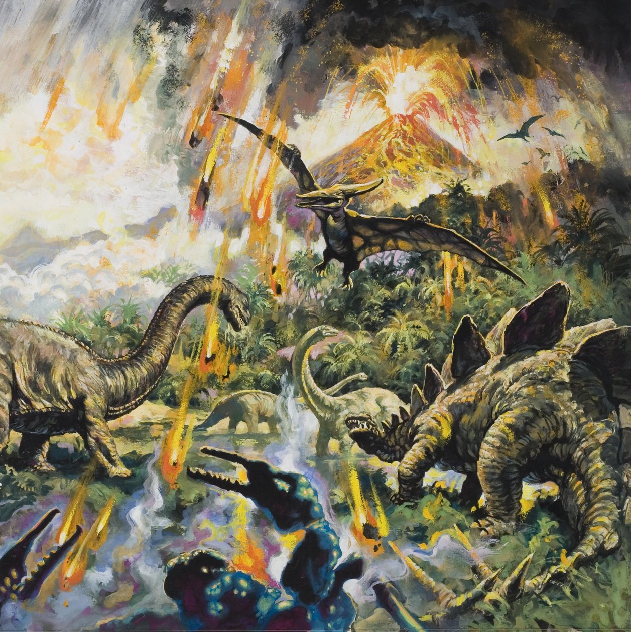 Dinosauri e vulcani (gouache su carta) da English School