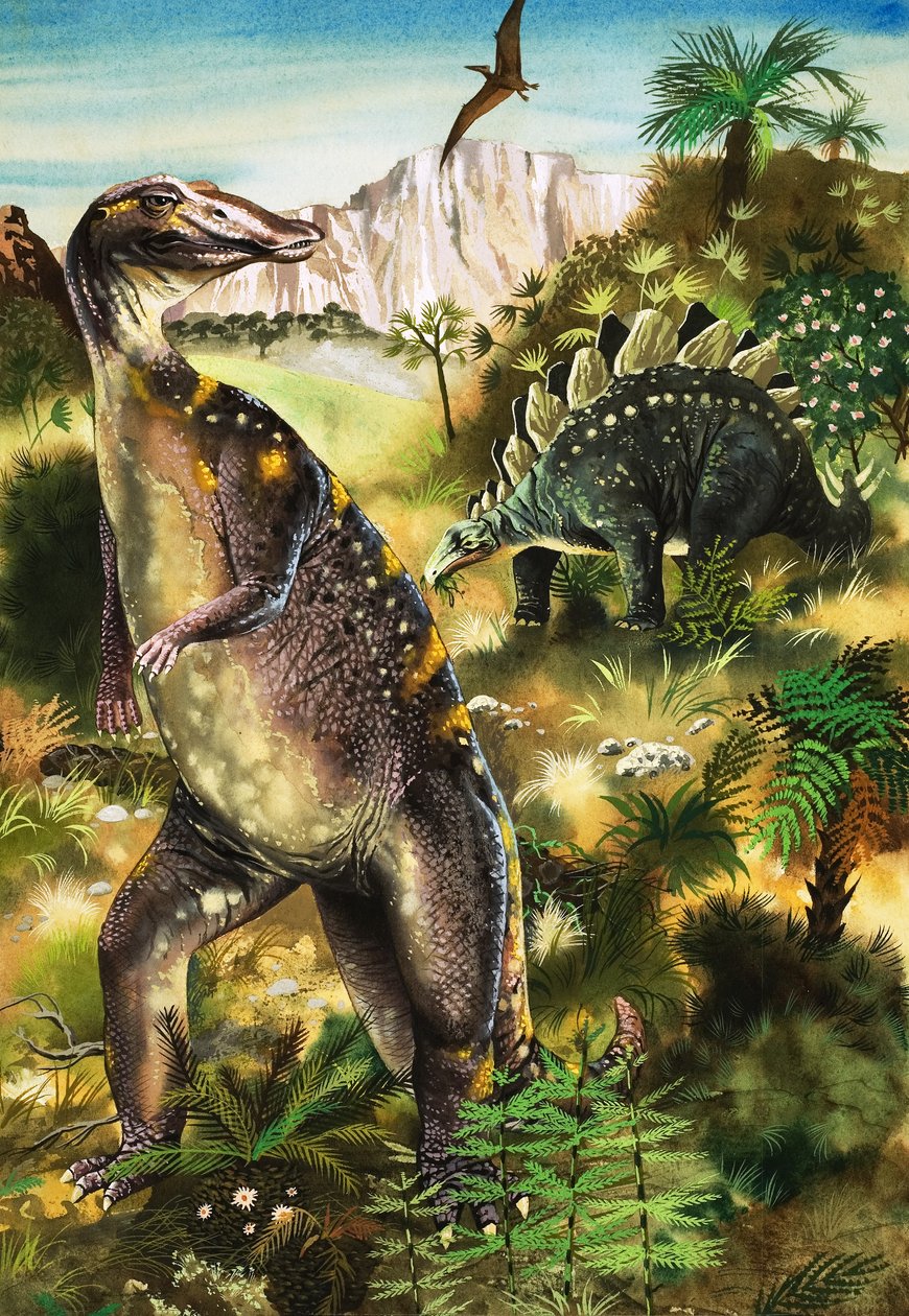Dinosauri, illustrazione da "When Monsters Ruled the Earth" (gouache su carta) da English School