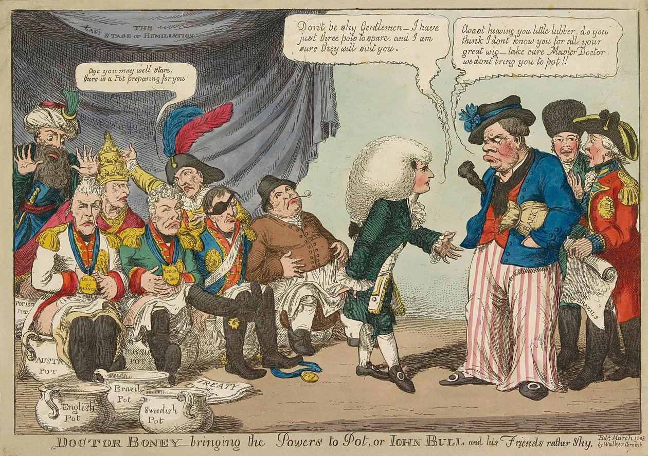 Dottor Boney che porta i poteri a Pot..., 1808 incisione colorata a mano da English School