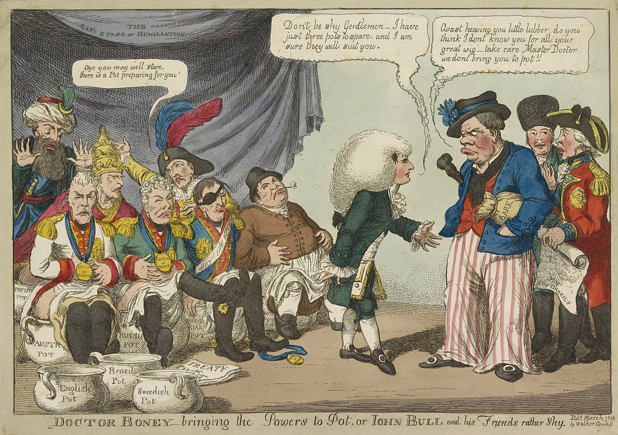 Doctor Boney che porta i poteri a Pot, o John Bull e i suoi amici piuttosto timidi, pub. 1808 (incisione colorata a mano) da English School