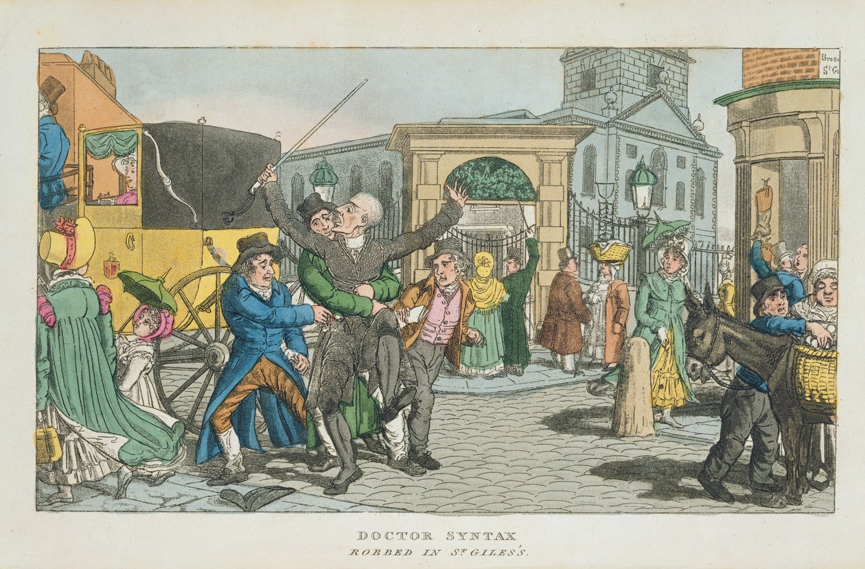 Il dottor Syntax derubato a St. Giles, da The Tour of Doctor Syntax through London, or the Pleasures and Miseries of the Metropolis. A Poem, pubblicato 1820 da English School