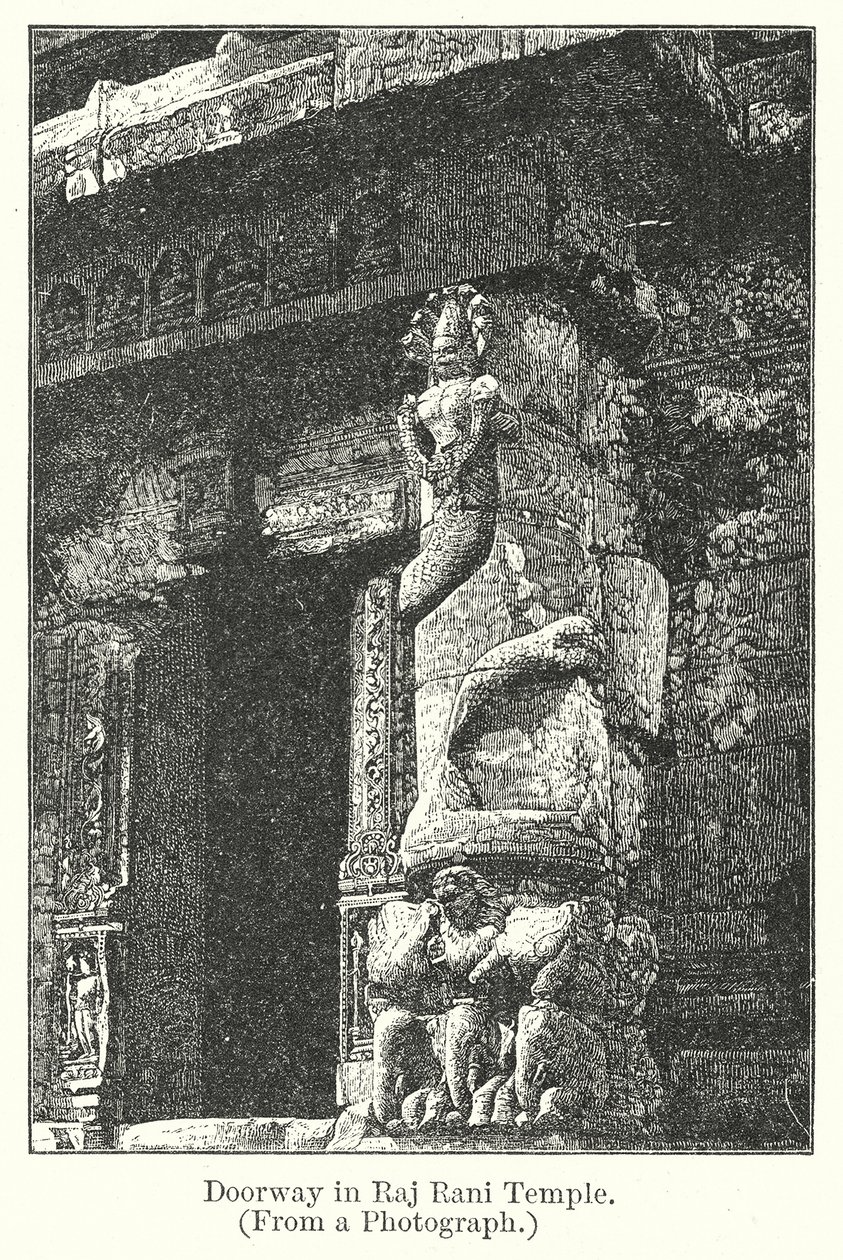Porta del tempio di Raj Rani (incisione) da English School