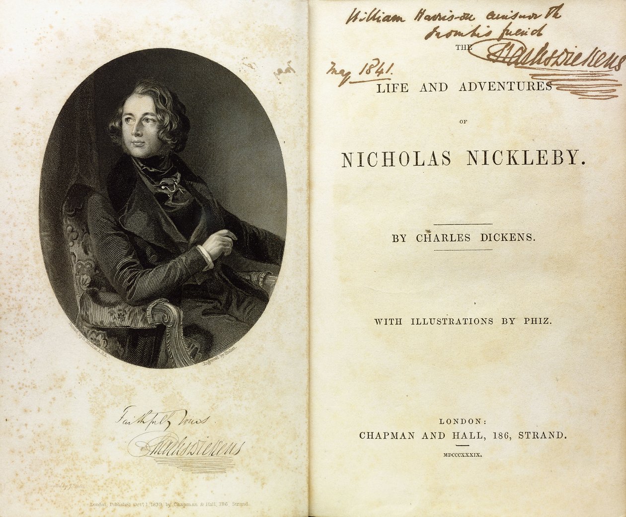 Doppia pagina con un ritratto di Dickens e una dedica di Dickens a William Harrison Ainsworth da English School