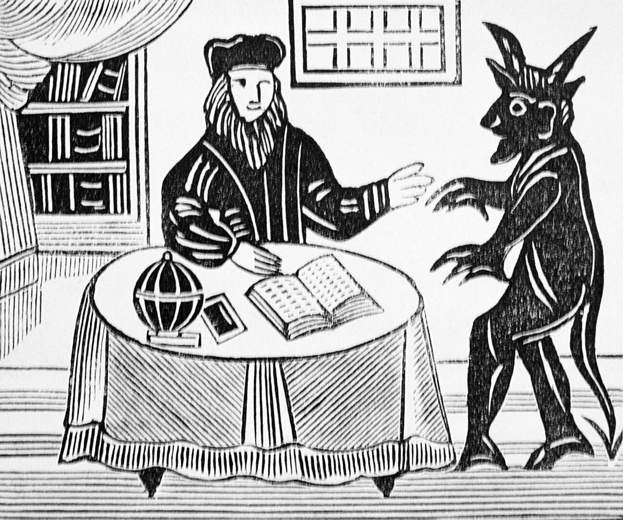 Il Dottor Faustus in Consiglio con il Diavolo, dalla traduzione di Gents del Dottor Faustus di Christopher Marlowe (1564-93) 1648 da una collezione di chapbook sull