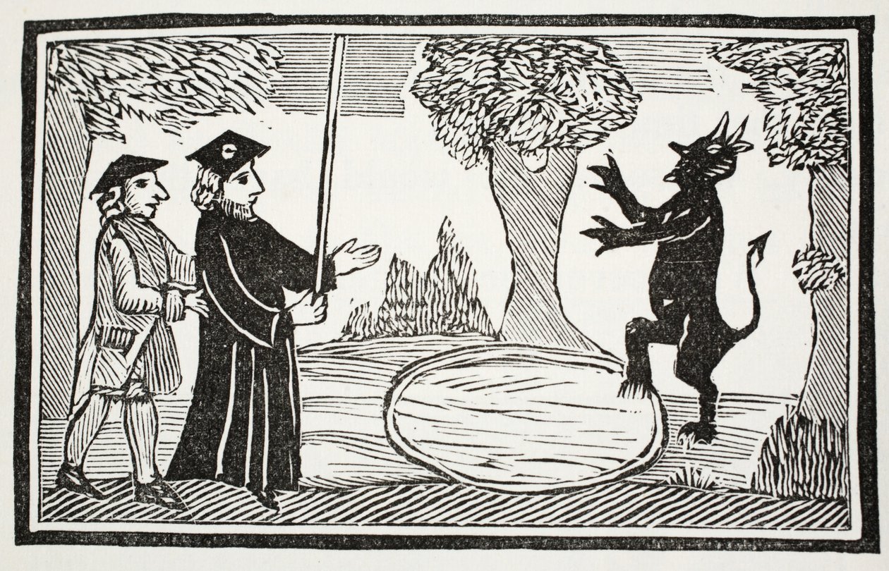 Il Dott. Faustus evoca il Diavolo, illustrazione da Chap-books of the Eighteenth Century di John Ashton, pub. 1882 da English School