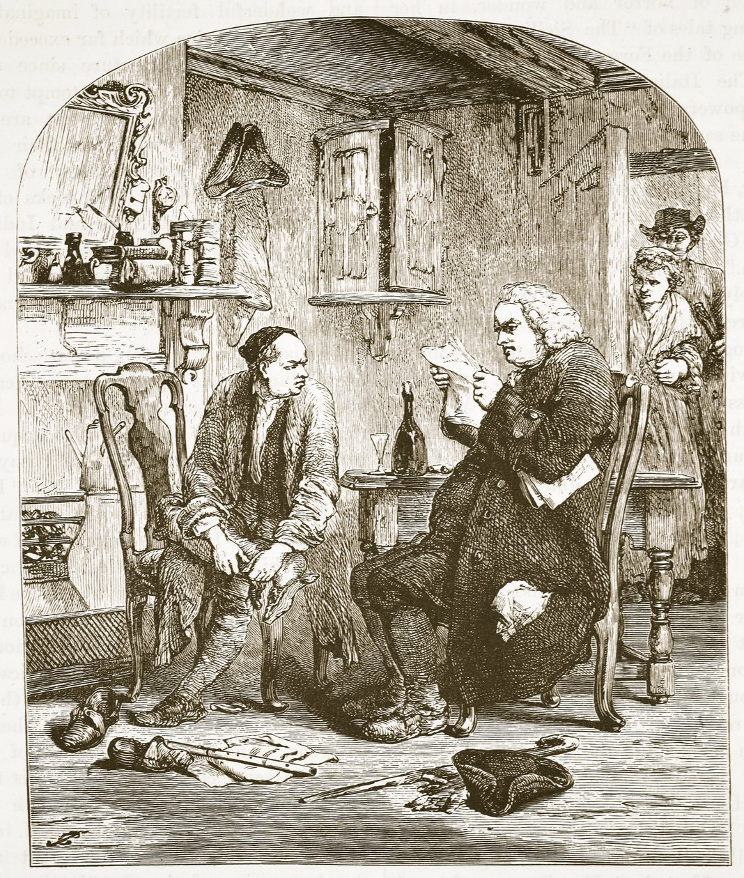 Dr Johnson legge il manoscritto del Vicario di Wakefield, illustrazione da Cassells Illustrated History of England da English School