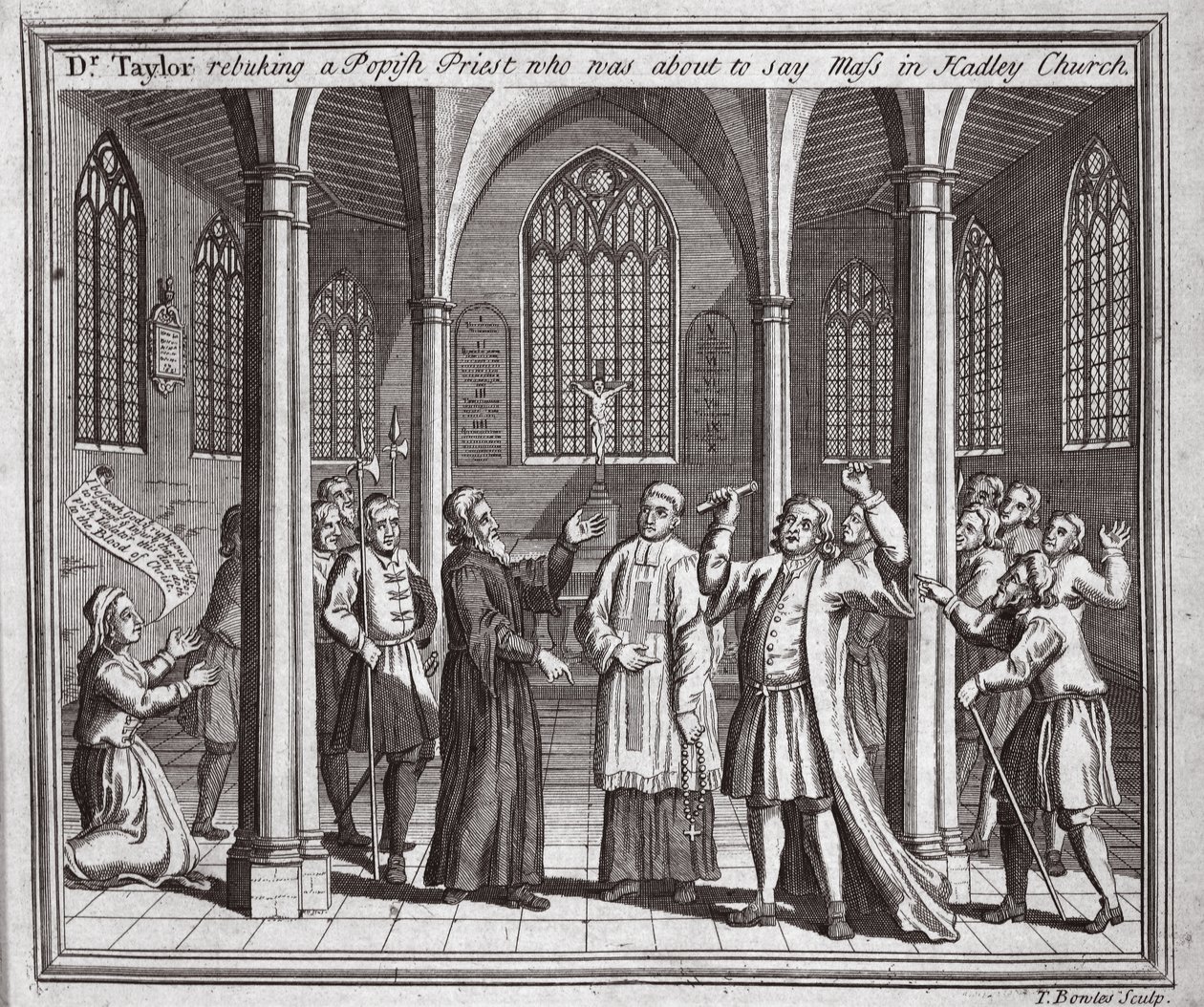 Dr Taylor che rimprovera un prete papista che stava per dire messa nella chiesa di Hadley, illustrazione da Foxes Martyrs c.1703 da English School