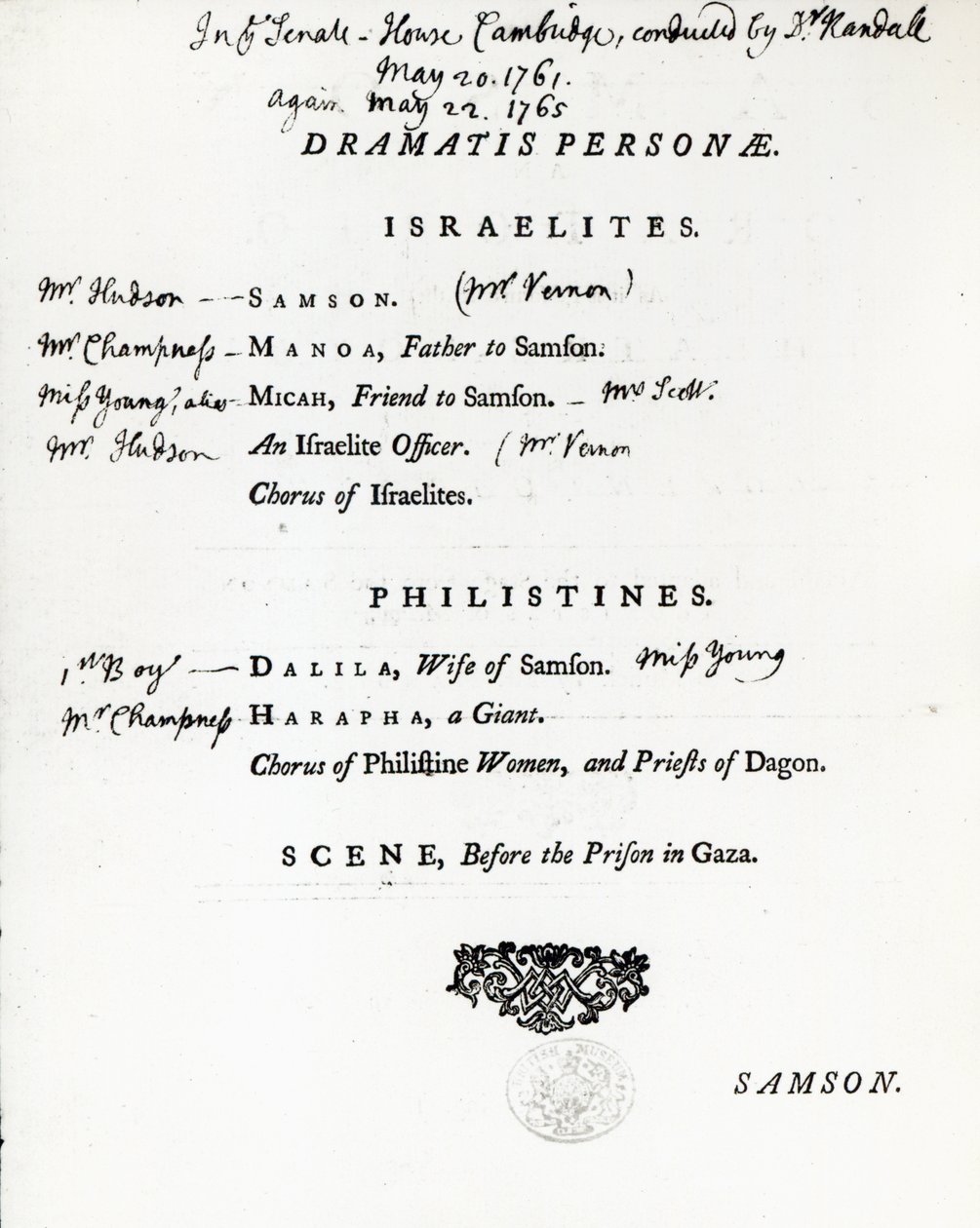 Dramatis Personae per Sansone, un oratorio di Handel da English School