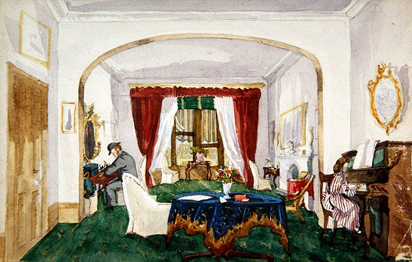 Interno del salotto, donna al pianoforte, uomo con bombetta che scrive, c.1850 da English School