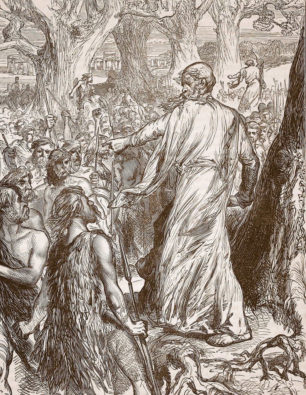 Druidi che incitano i Britanni a opporsi allo sbarco dei Romani, illustrazione da Cassells Illustrated History of England da English School