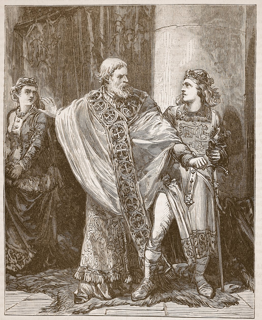 Dunstan che trascina Edwy dalla presenza di Elgiva, illustrazione da Cassells Illustrated History of England da English School