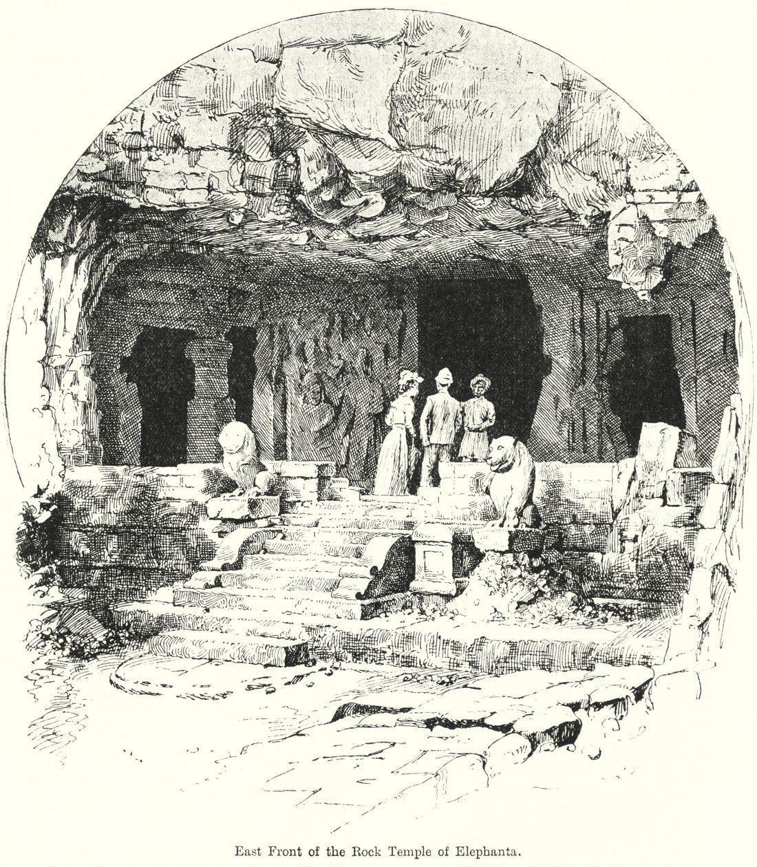 Fronte est del tempio rupestre di Elephanta (incisione) da English School