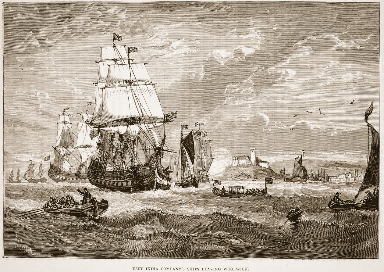 Navi della Compagnia delle Indie Orientali che lasciano Woolwich, illustrazione da Cassells Illustrated History of India di James Grant, pub. 1879 da English School