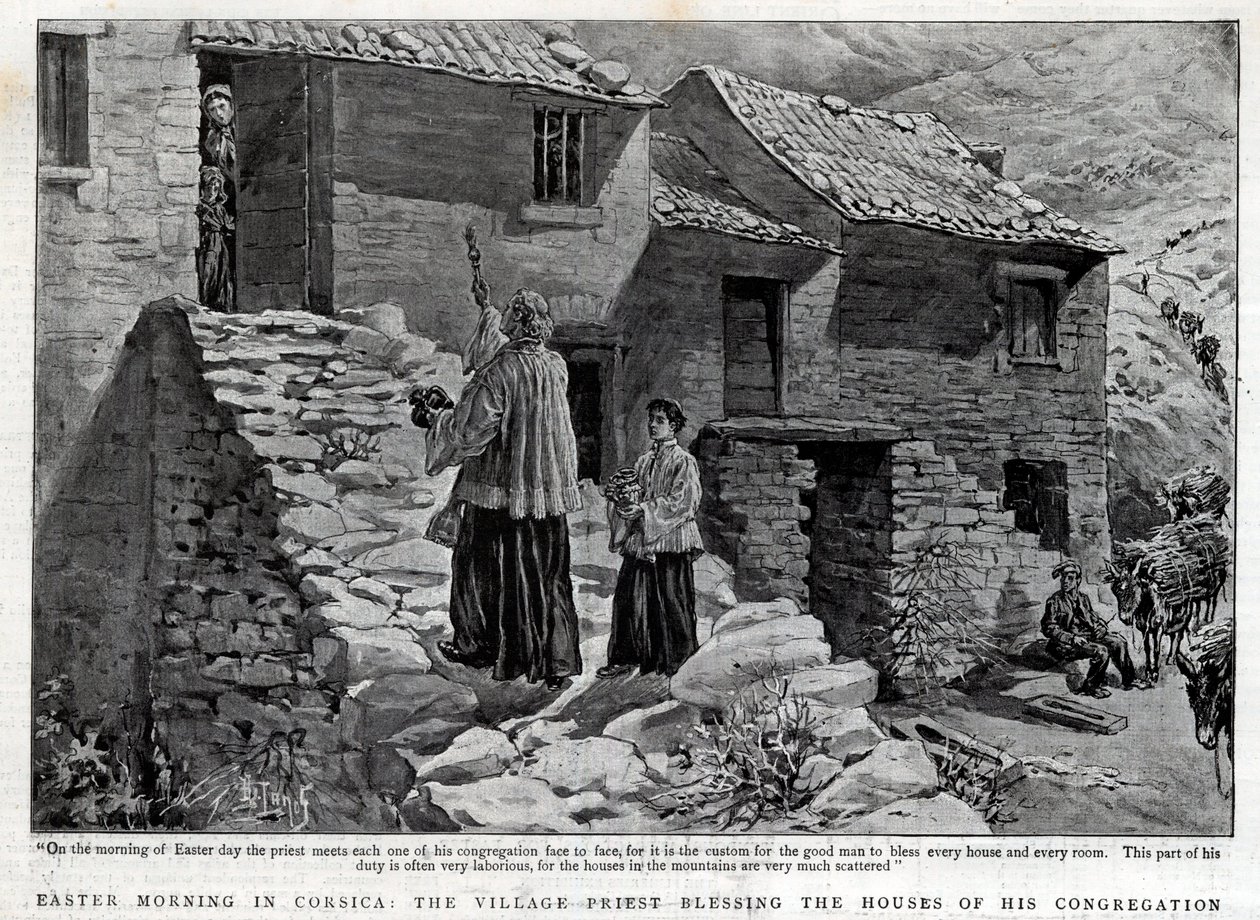 Mattina di Pasqua in Corsica, il prete del villaggio benedice le case della sua parrocchia - Illustrazione per The Graphic da English School