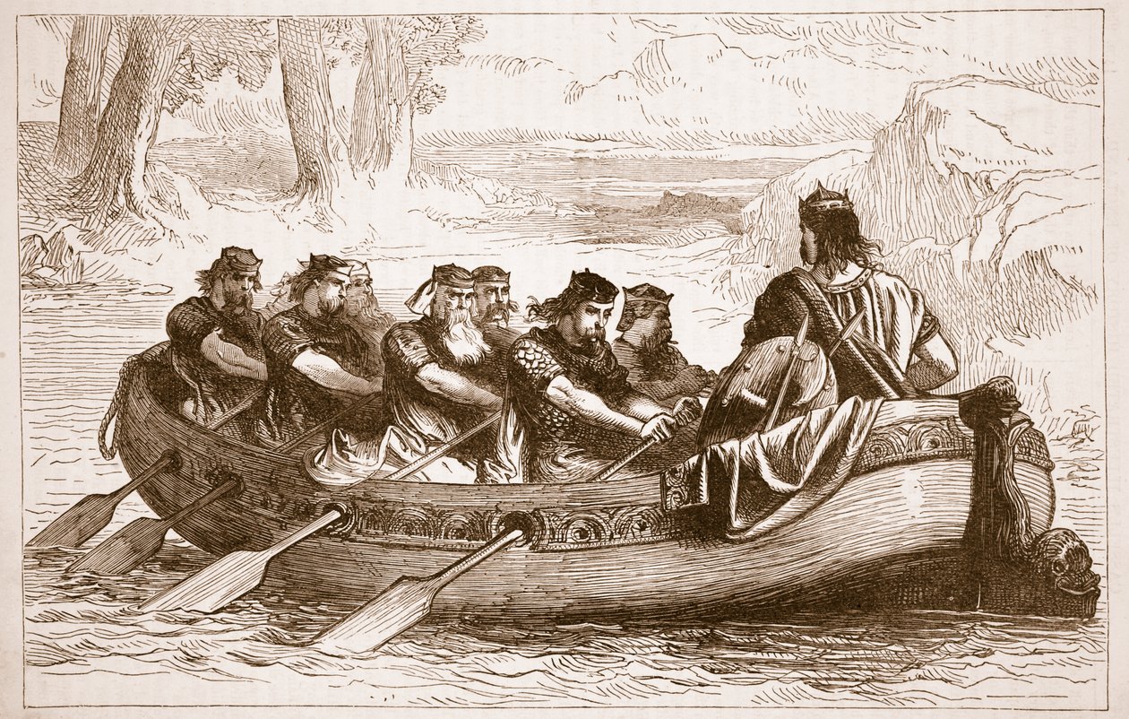 Edgar il Pacifico che viene remato lungo il fiume Dee da otto principi tributari, illustrazione da Cassells Illustrated History of England da English School