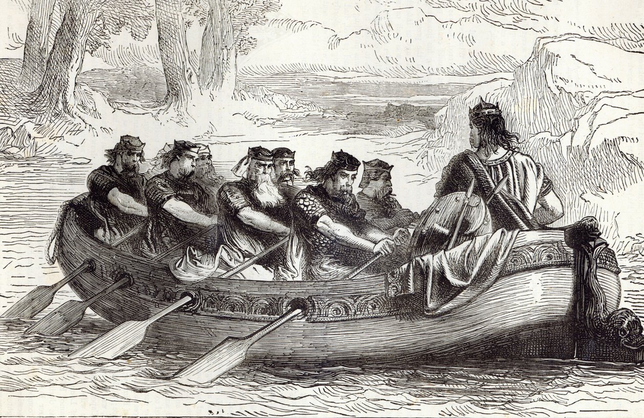 Edgar il Pacifico remato lungo il fiume Dee da otto principi tributari, illustrazione da 