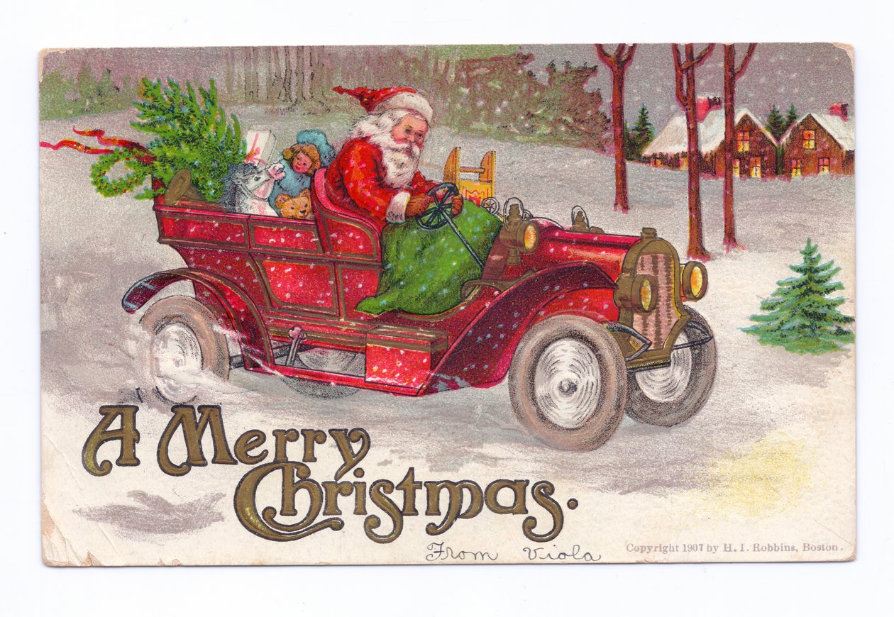 Cartolina natalizia edoardiana di Babbo Natale che guida un
