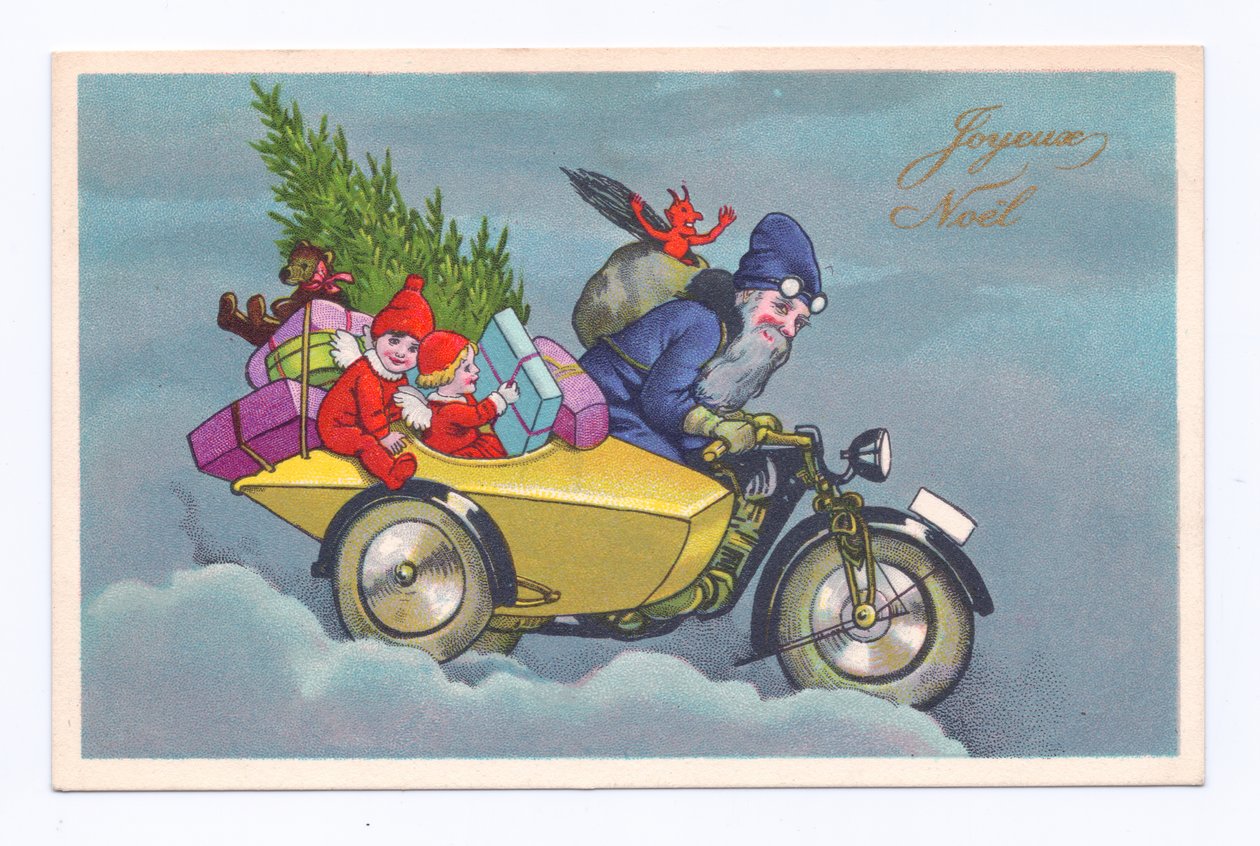 Cartolina natalizia edoardiana di Babbo Natale alla guida di una moto sidecar d