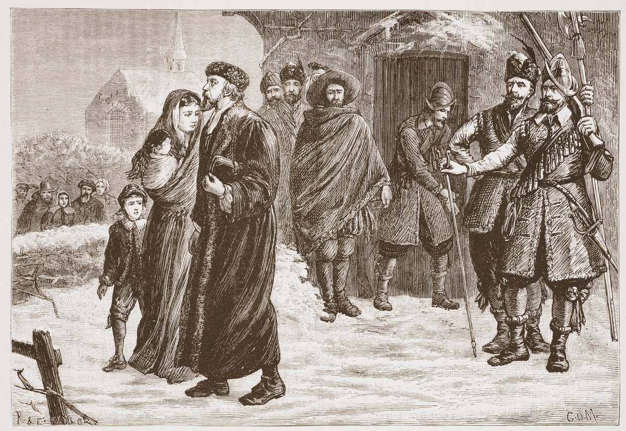Espulsione di un pastore protestante ungherese in inverno, illustrazione da The History of Protestantism di James Aitken Wylie, pub. 1878 da English School