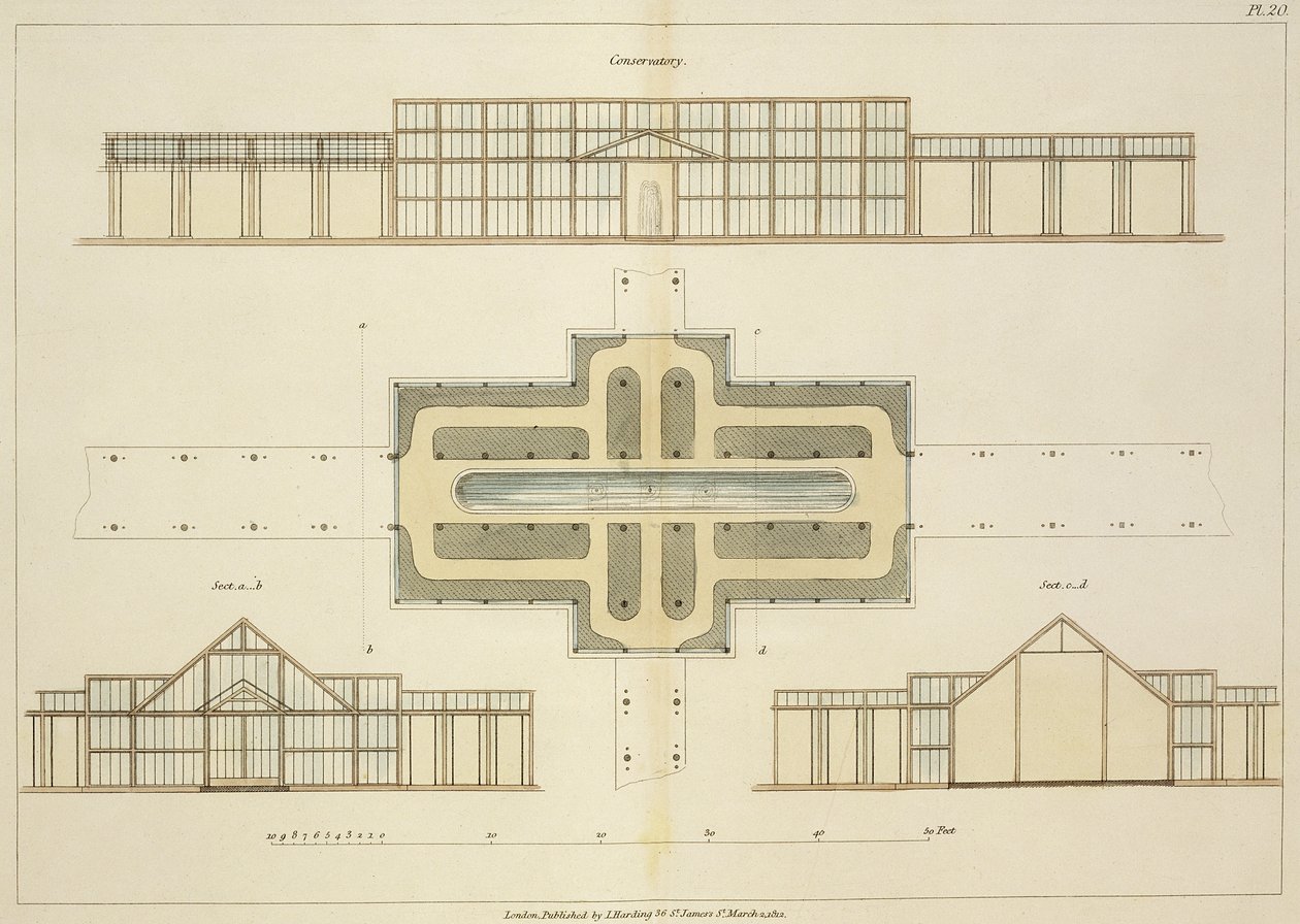 Elevazioni e pianta di una serra, da Suggerimenti sulla formazione di giardini e aree di piacere di John Claudius Loudon (1783-1843) pubblicato nel 1812 da English School
