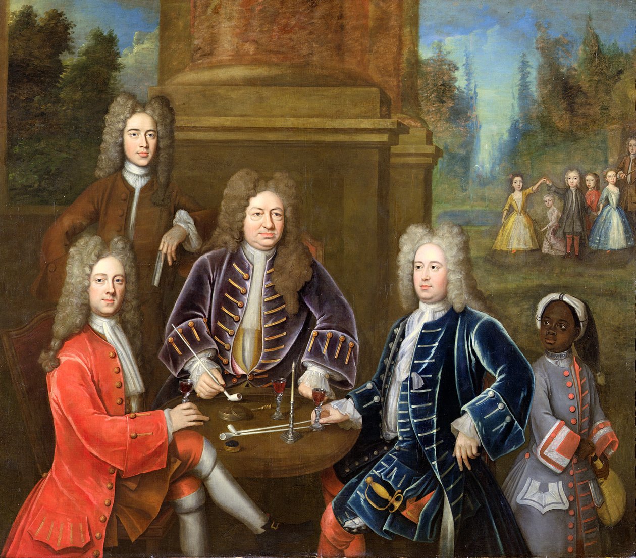 Elihu Yale il secondo Duca di Devonshire, Lord James Cavendish, Mr Tunstal e un paggio, c.1708 da English School