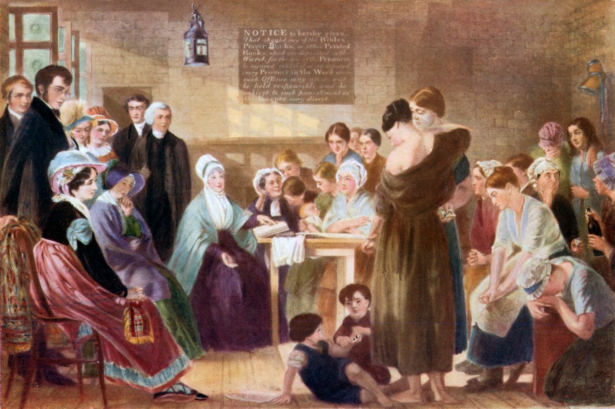 Elizabeth Fry in visita alla prigione di Newgate (litografia a colori) da English School