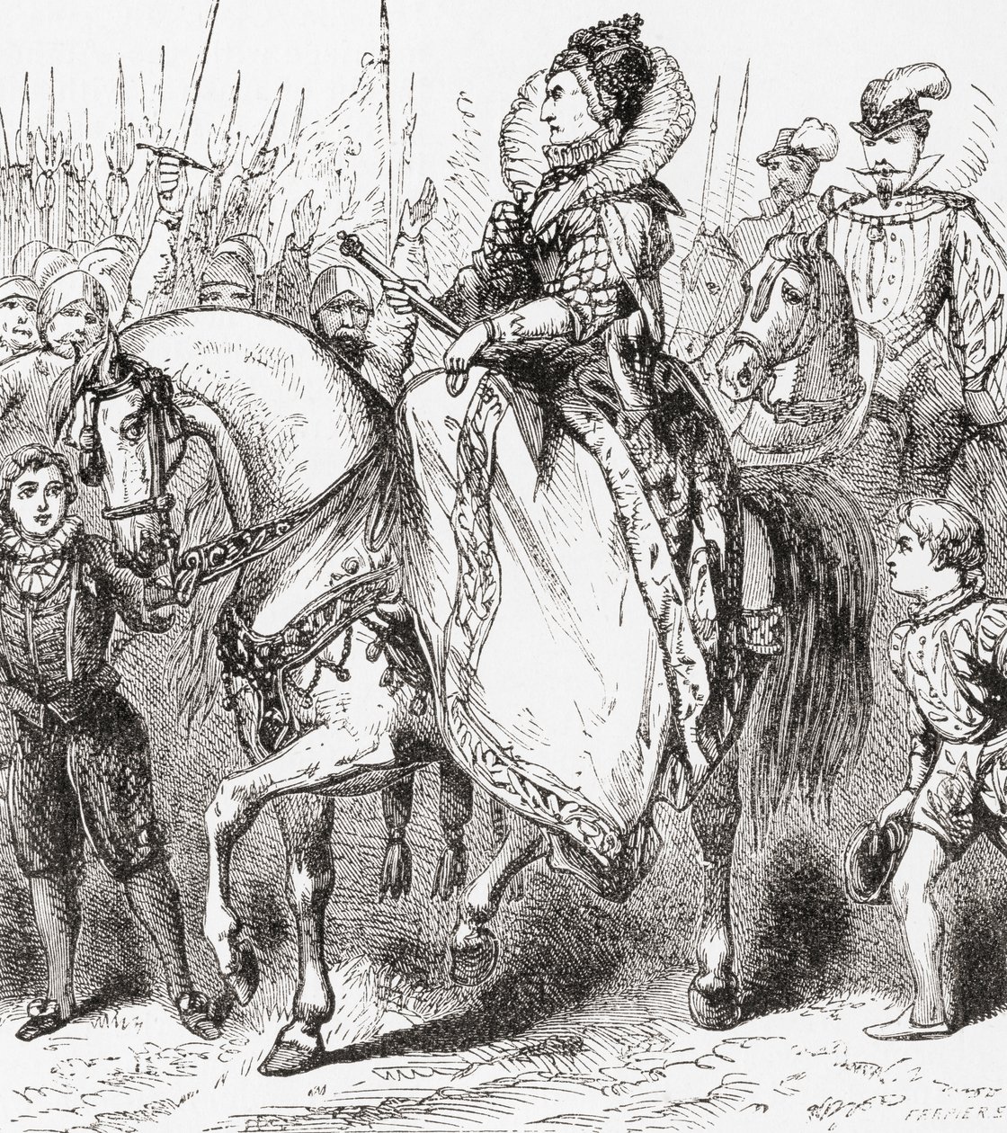 Elisabetta I ispeziona le sue truppe al porto di Tilbury, 1588, da Ward e Locks Illustrated History of the World, pub. c.1882 da English School