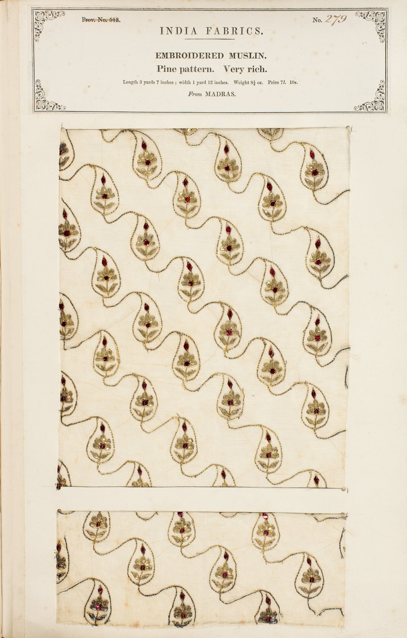 Campione di mussola ricamata da Madras, da The Collection of the Textile Manufacturers of India, di John Forbes Watson, pubblicato nel 1866 da English School