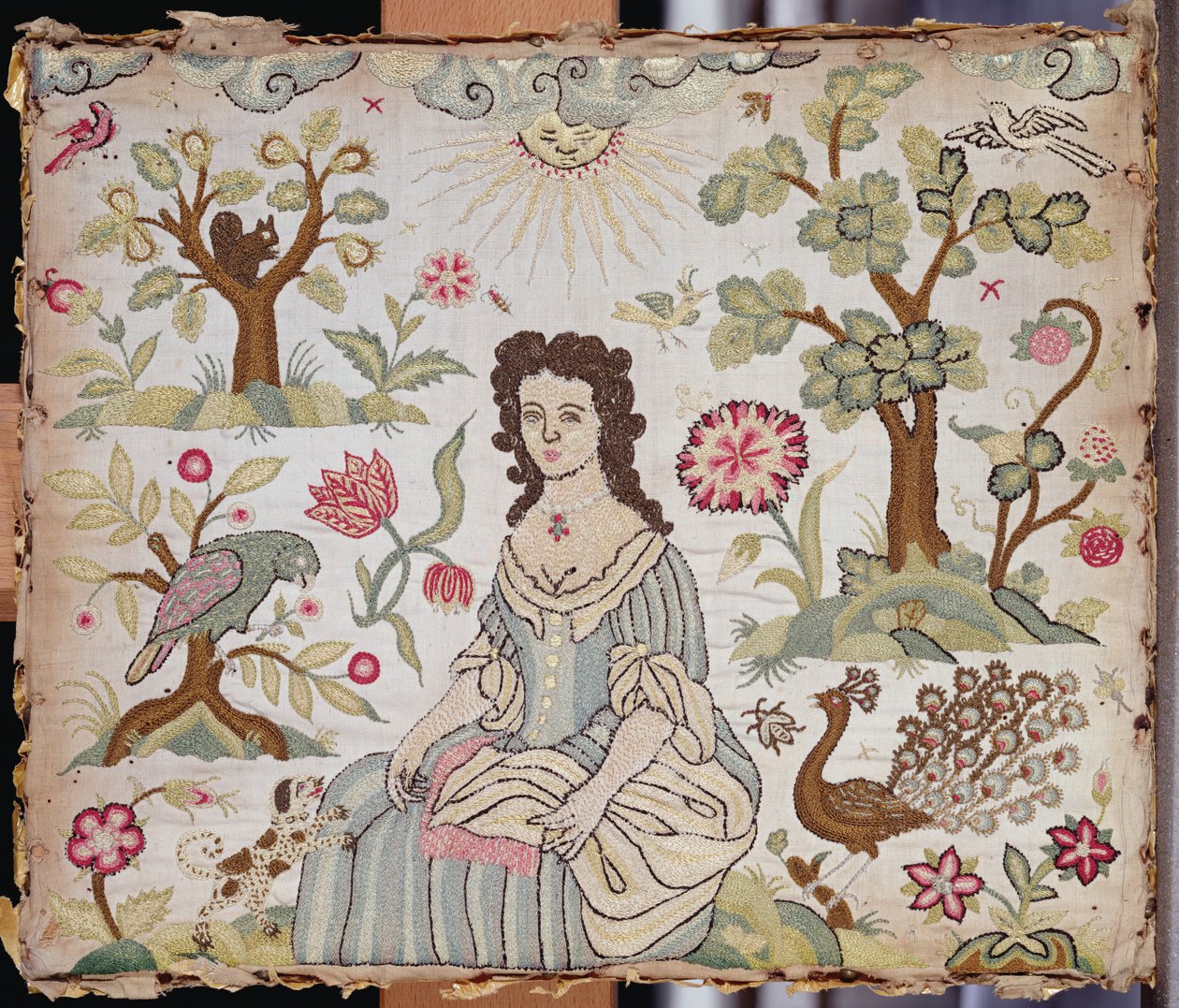 Pannello ricamato raffigurante una dama in un giardino, c.1700 da English School