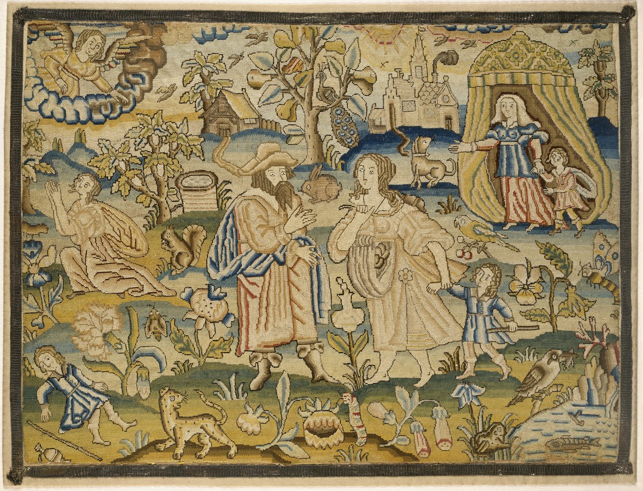 Quadro ricamato: Il congedo di Abramo da Agar, metà del XVII secolo da English School