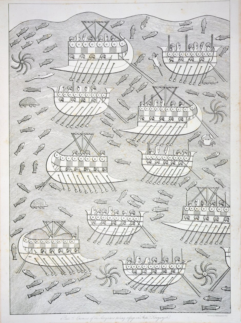 Nemici degli assiri che si rifugiano in navi, tavola 71 da Ninive e i suoi resti di Austen Henry Layard (1817-94) pubblicato 1849 da English School