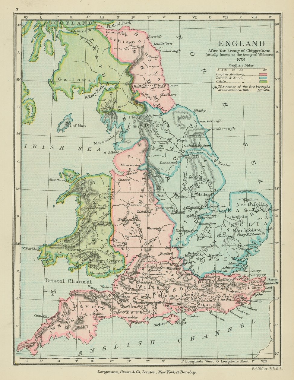 Inghilterra dopo il trattato di Chippenham (litografia a colori) da English School