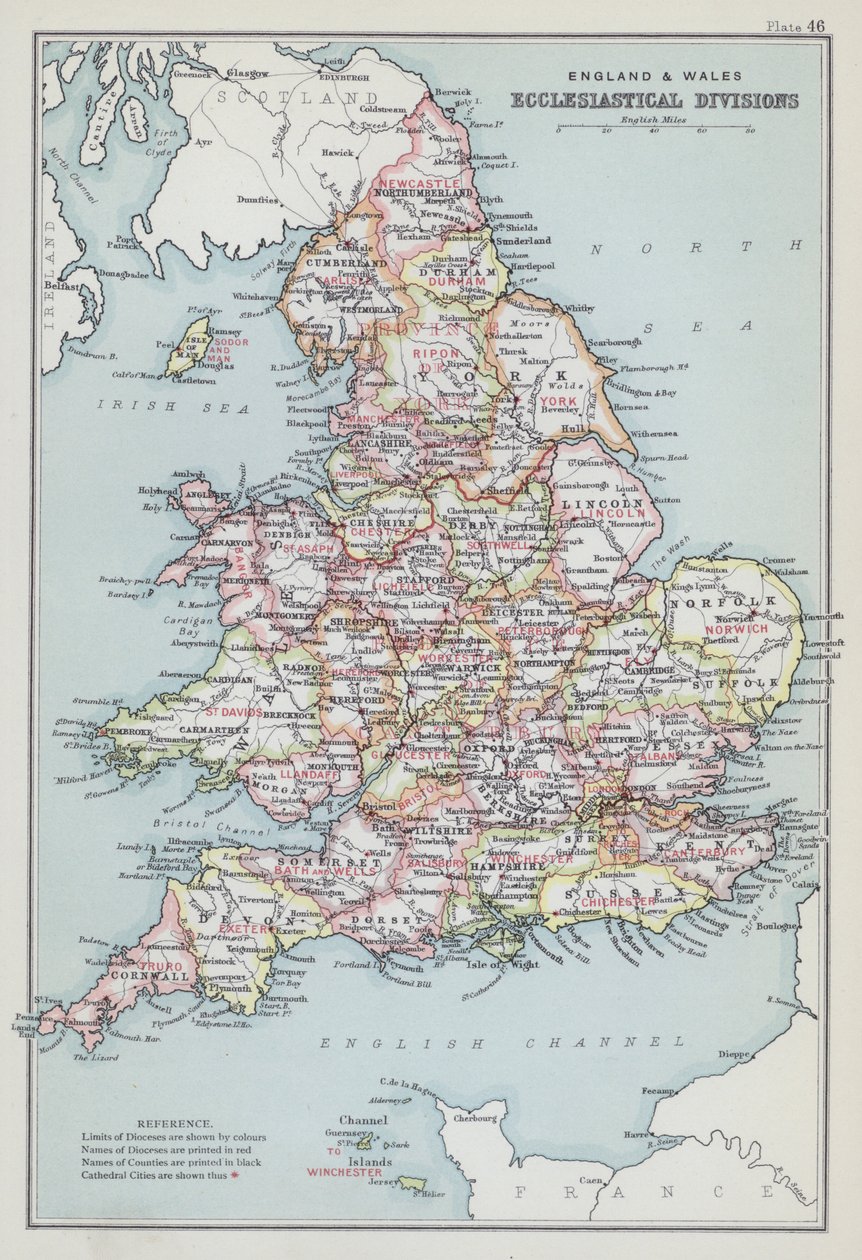Inghilterra e Galles, divisioni ecclesiastiche (litografia a colori) da English School