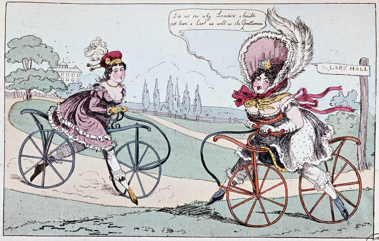 Cartone inglese sui cavalli a dondolo nel 1819 (prime biciclette) - in "Il ciclismo teorico e pratico" di Baudry de Saulnier da English School