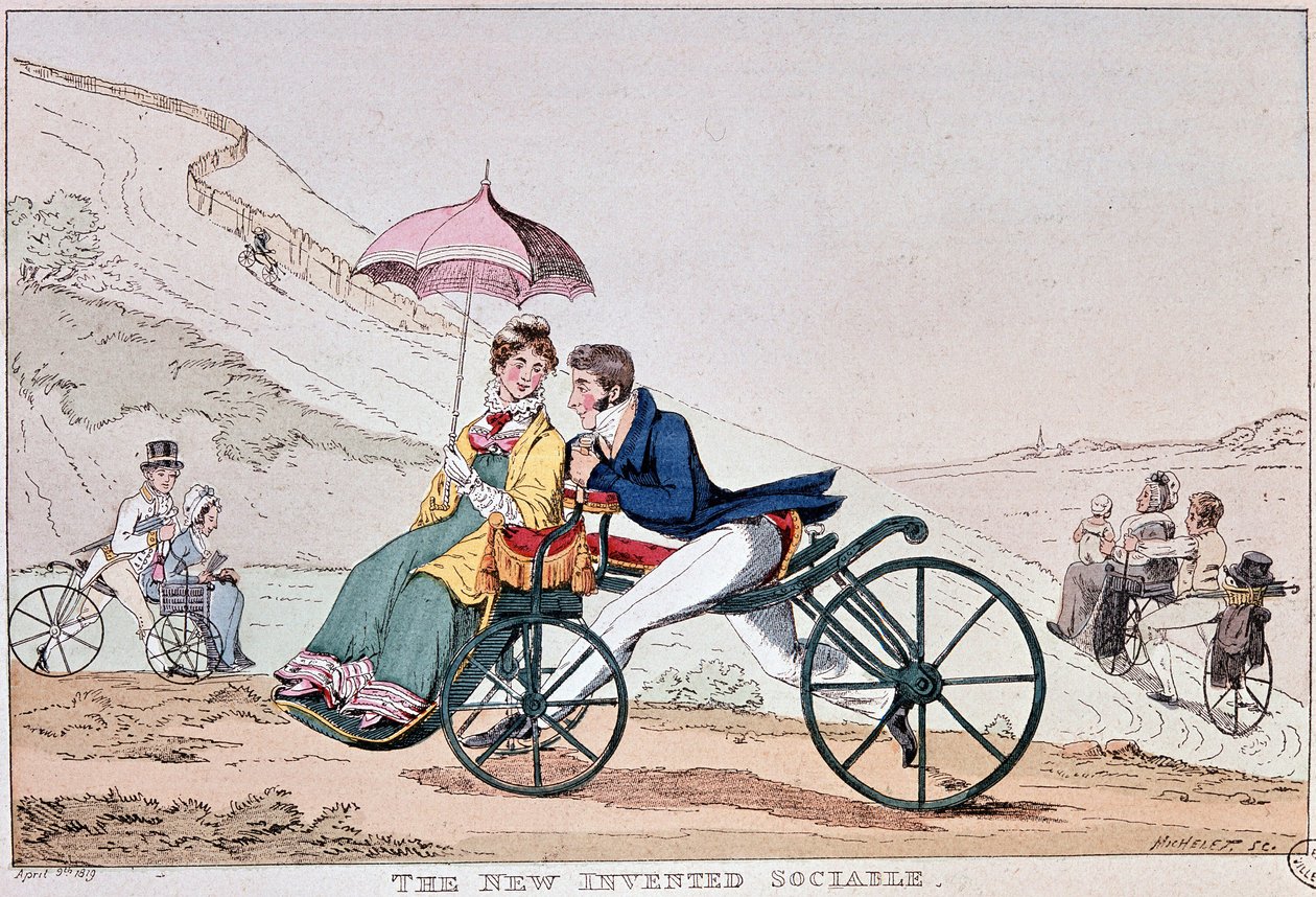 Disegno comico inglese sui primi tempi della bicicletta da English School