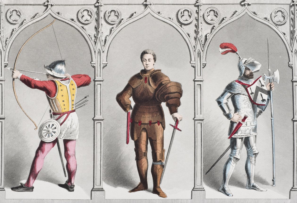 Costume militare inglese a metà del XV secolo, da The National and Domestic History of England di William Hickman Smith Aubrey, pubblicato a Londra, c.1890 da English School
