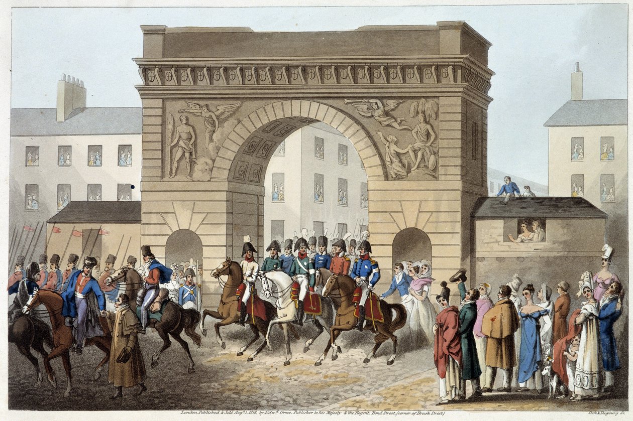 Inglesi e alleati entrati a Parigi in "Historical, military and naval anecdotes and incidents that arrived at the arms of Great Britain and their allies, ending in Waterloo" di Edward Orme. Ill. di Fry, Sutherland, Clark, Dubourg, W.Heart, JA, Atkinso da English School