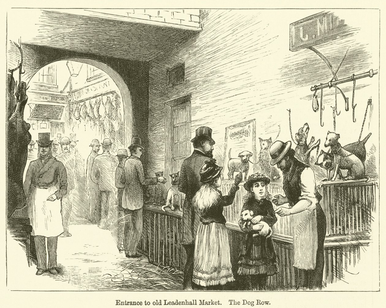 Ingresso del vecchio mercato di Leadenhall, The Dog Row (incisione) da English School