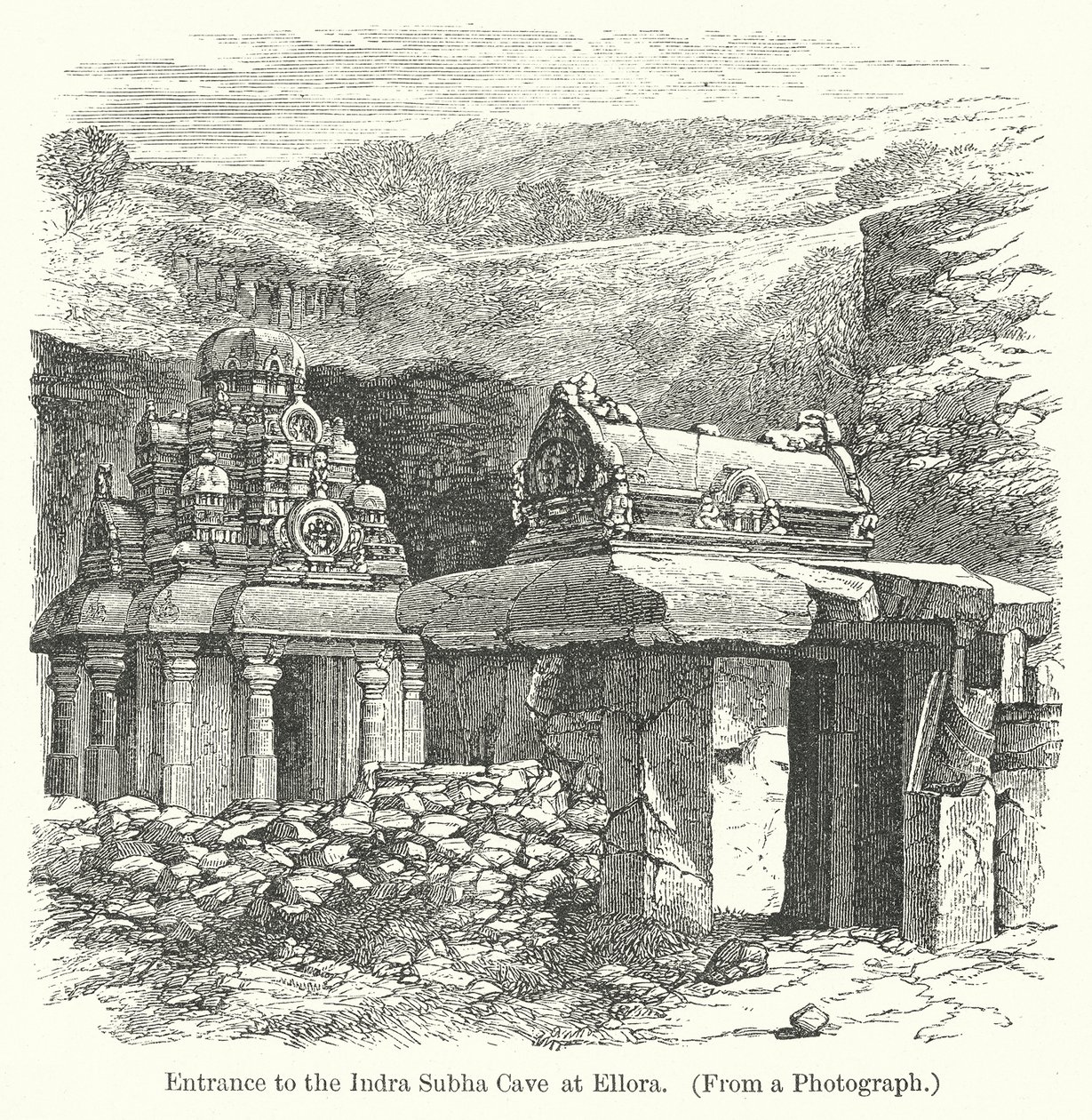 Ingresso della Grotta di Indra Subha a Ellora (incisione) da English School