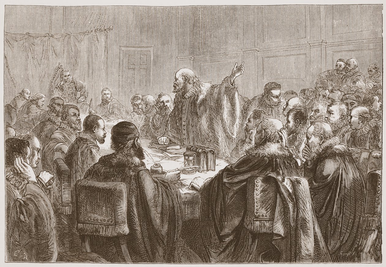 Episcopius che si rivolge ai membri del Sinodo di Dort, illustrazione da The History of Protestantism di James Aitken Wylie, pub. 1878 da English School