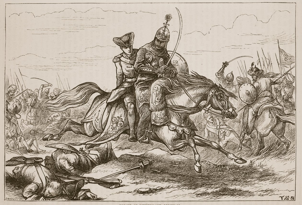 Fuga del Tenente Goreham, illustrazione da Cassells Illustrated History of India di James Grant, pub. 1879 da English School