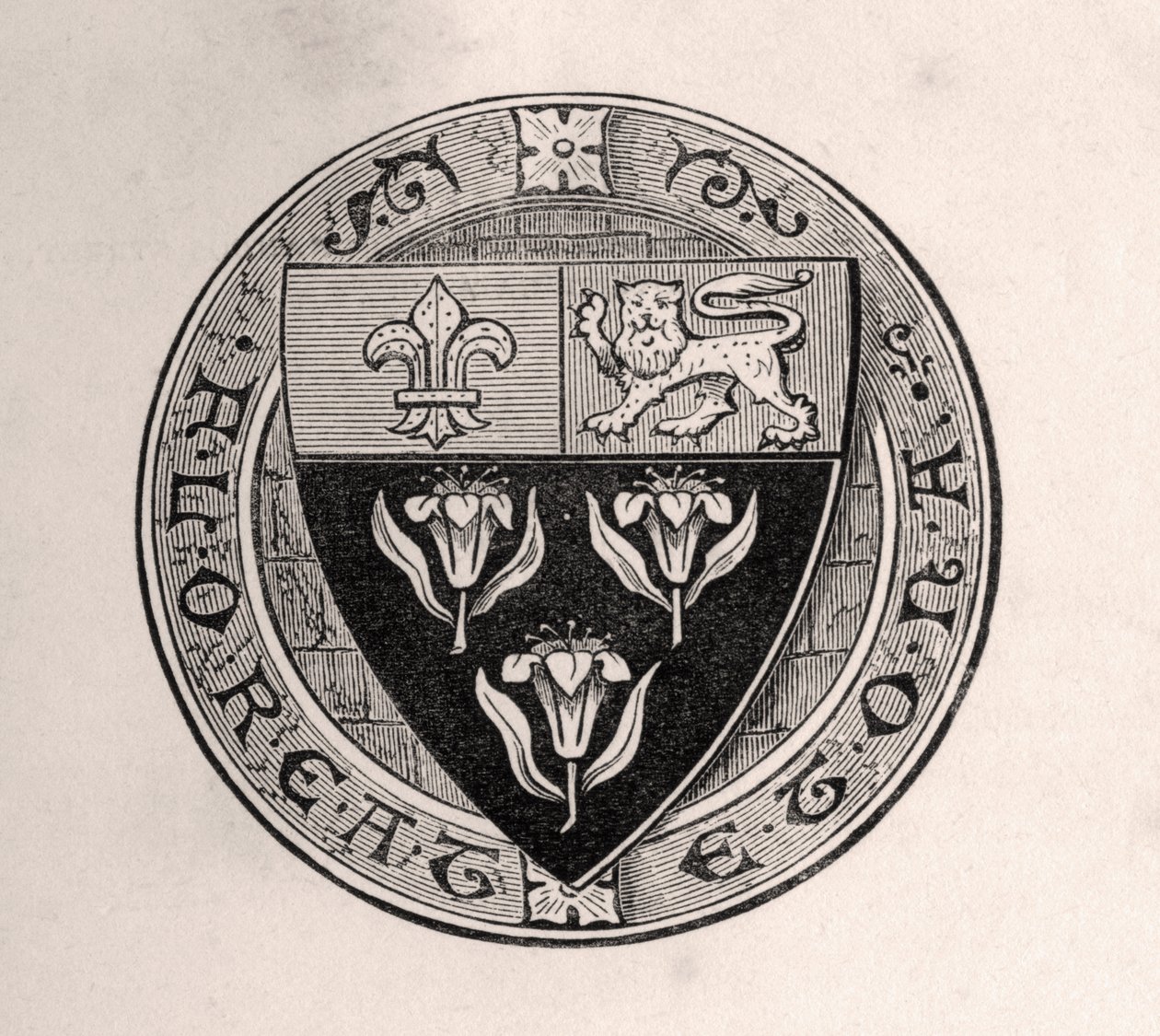 Scudo di Eton sovrapposto a un tondo con il motto della scuola, illustrazione da Memoirs of Eminent Etonians, di Sir Edward Creasy pubblicato a Londra nel 1876 da English School