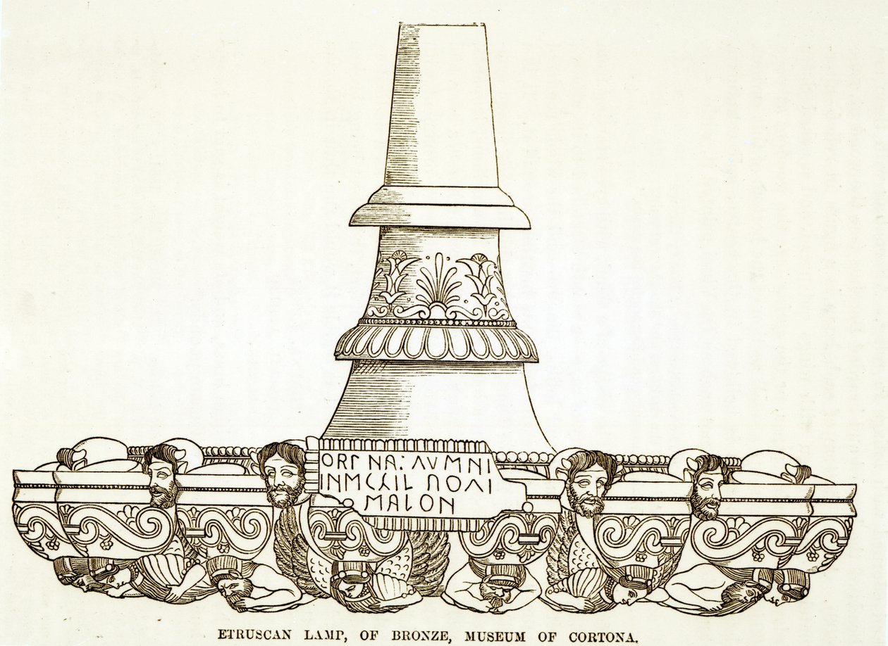 Lampada etrusca in bronzo nel Museo di Cortona (incisione) da English School